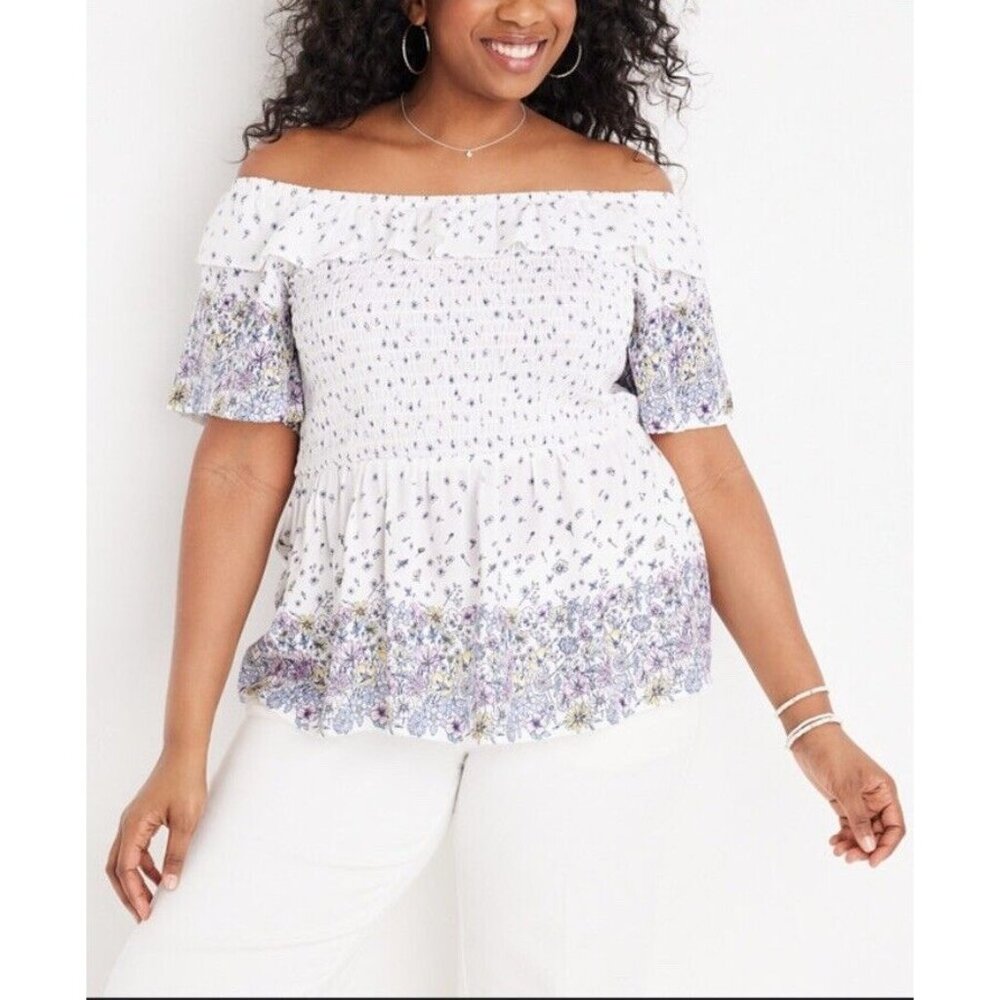 NWT Maurices Shirt 2X Off Shoulder Ruffle Smocked Flutter Floral White Blue
